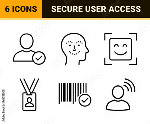 Biometric Identity Verification and Cybersecurity Outline Icons. minimalist Geometric Line Art for Digital Authentication and Secure Access.