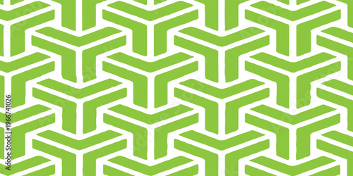 Modern abstract background featuring a seamless geometric pattern of interconnected lime green Y-shapes on a white field. illustration