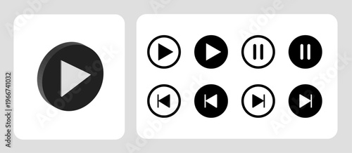 Black and white circular media control icons rewind pause play repeat fast forward rewind icon. 3d Play icon.
