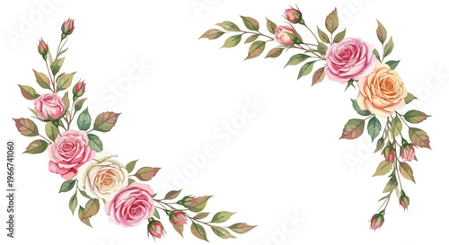 Vintage watercolor rose floral border vector, elegant pink and peach flower wreath frame, romantic botanical garden roses with green leaves for wedding invites