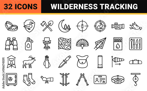 Hunting and Wilderness Tracking Thin Line Icons Featuring Equipment Gear and Wildlife Symbols in minimalist Geometric Monoline Style