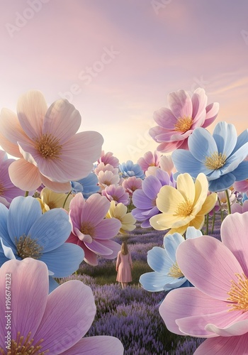 Pastel flower field landscape with colorful blooms dreamy sunset fantasy art illustration