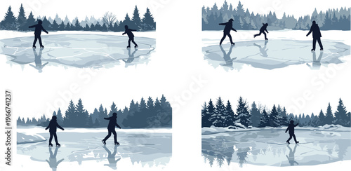 Ice skating forest silhouette vector, winter outdoor activity design, frozen lake illustration, black white graphic, cad drawing flat vector illustration
