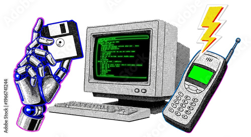 Retro Future Technology Halftone Collage and Vintage Tech Vector Elements