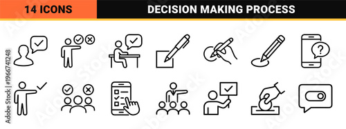 minimalist User Choice and Decision Making Monoline Icon Set, Geometric Outline Symbols for Survey Validation and Feedback Interface