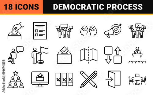 Democratic Election and Civic Voting Monoline Icons. minimalist Geometric Line Art for Government Policy and Public Administration.