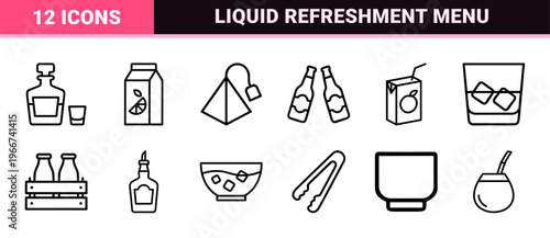 Beverage and Drink Service minimalist Monoline Outline Symbols for Cafe Menus and Hospitality Digital Interfaces