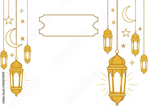 Islamic lanterns, crescent moon, stars, golden design, Ramadan, Eid, festive, decorative, symmetrical, frame, illumination, hanging, ornate, celebration, template, greeting, cultural