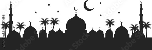 Islamic mosque skyline silhouette vector, Ramadan night city with crescent moon stars palm trees, Arabic religious landscape illustration