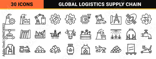 Industrial Manufacturing and Energy Production Line Icons. minimalist Monoline Geometric Outlines for Engineering and Smart Factory Systems.