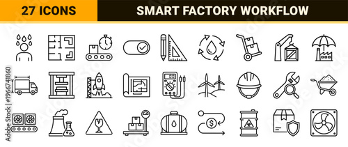 Industrial Manufacturing Production Line Icon Set Featuring minimalist Geometric Outlines for Smart Factory Logistics and Energy Management