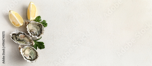 Foto Delicious fresh oysters with lemon and parsley on white background