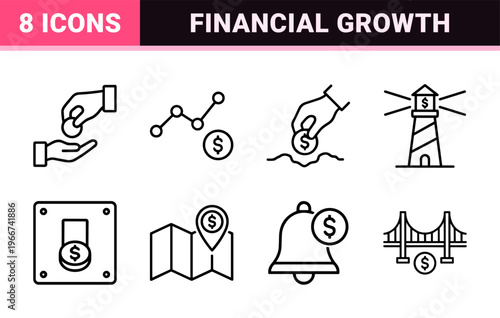 Passive Income and Financial Investment minimalist Monoline Icon Set for Wealth Management and Global Banking Interface Design.