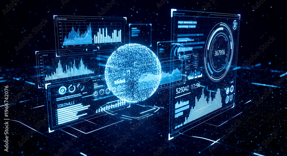 Obraz premium Futuristic digital data analytics dashboard glowing blue holographic screen charts graphs globe sphere big data concept cyberspace virtual reality internet network business intelligence technology