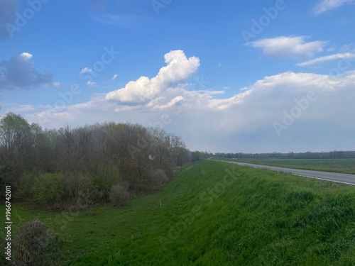 Idyllic Meadow and Sky: A verdant meadow extends, bordered by a line of lush trees and a smooth pathway, as an expansive sky fills the frame with a symphony of clouds.