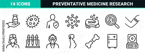 Immunization and Immunology Monoline Icon Set featuring minimalist Medical Outlines for Clinical Research and Public Healthcare Apps.