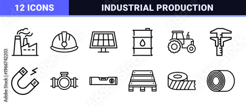 Industrial Manufacturing and Energy Production minimalist Monoline Outline Icons featuring Heavy Machinery, Engineering, and Construction Symbols