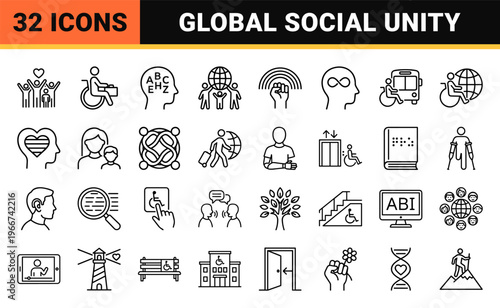 Diverse Inclusivity and Accessibility Mono-Line Icons Featuring Human Rights, Neurodiversity, and Universal Design for Corporate Social Responsibility.