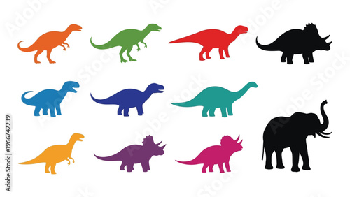 Colorful depictions of various prehistoric creatures including dinosaurs and an elephant presented as a striking silhouette high quality professional detailed modern