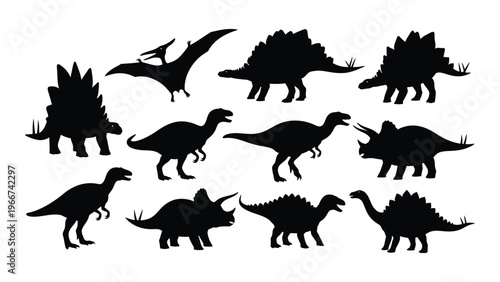 A collection of various dinosaur species are depicted in stark black shapes against a white background a striking silhouette high quality