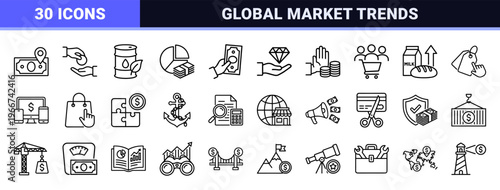 Global Inflation and Macroeconomics Thin Line Icons Featuring Financial Crises, Market Volatility, and Fiscal Policy in Minimalist Style.