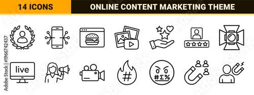 Minimalist monoline social media and influencer marketing icon set featuring geometric line art for digital content creators and vlogging.