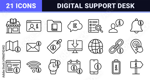 Universal Information and Help Desk Support Symbols, Minimalist Monoline Geometric Line Art for User Interface and Digital Navigation.