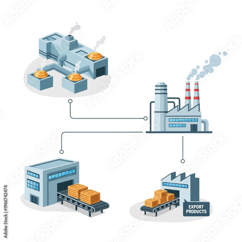Illustration of a modern industrial supply chain, showing raw material processing, manufacturing, and product export.
