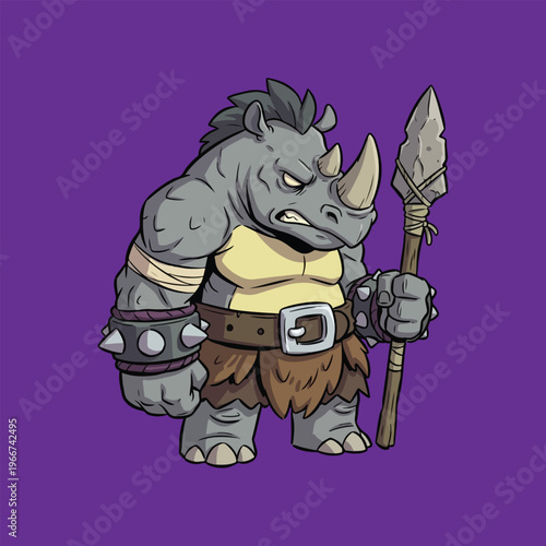 Angry Cartoon Rhinoceros Warrior with Spear