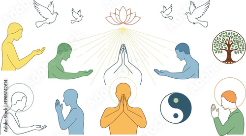 Diverse group of stylized figures in different colors meditating or praying with lotus flower and yin yang symbols present.