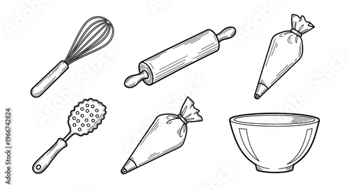 Baking Tools and Utensils Hand-Drawn Illustration: Whisk, Rolling Pin, Piping Bags, Bowl