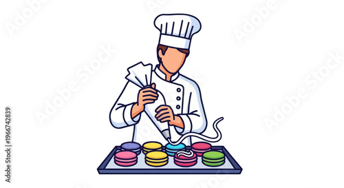 Chef Decorating Macarons with Piping Bag, Baking Pastry Sweets