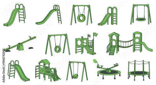 Collection of Green Playground Equipment, Slides, Swings, See-saws, Trampoline