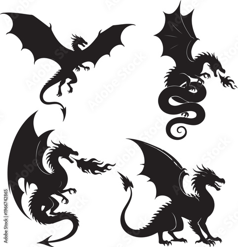 Powerful fantasy dragon silhouettes collection, showcasing legendary mythical beasts in dynamic poses for captivating graphic designs and epic illustrations