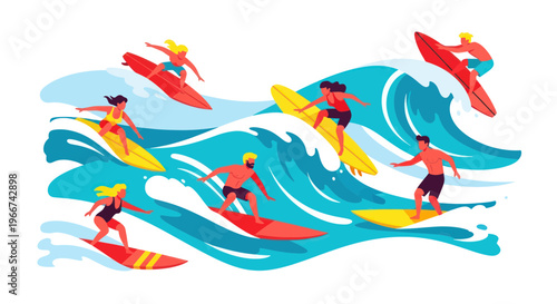 Diverse surfers riding ocean waves on colorful surfboards, summer activity illustration