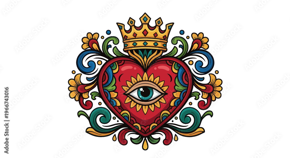 Fototapeta premium Sacred Heart with Eye and Crown, Floral Ornate Design, Mystical Symbol