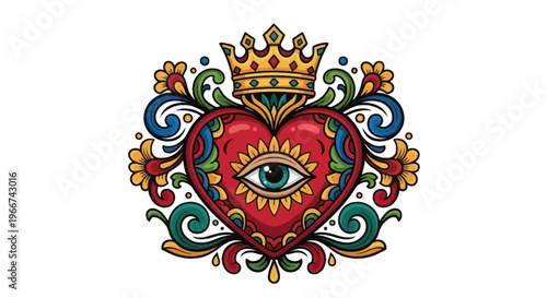 Sacred Heart with Eye and Crown, Floral Ornate Design, Mystical Symbol