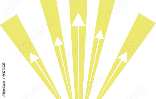 Five upward-pointing triangular arrows emanate from a central point within yellow light rays symbolizing growth or progress.