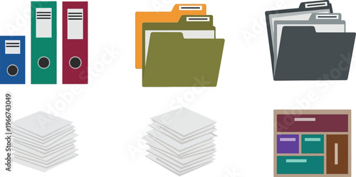 Various office storage items including binders, file folders, stacks of paper, and a cabinet illustrate organization tools.