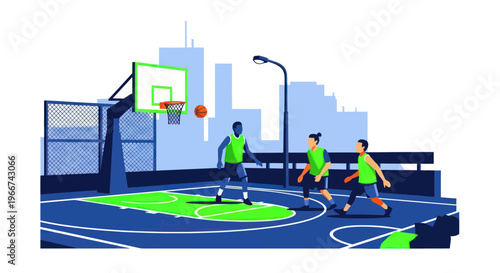 Urban basketball game on outdoor court with city skyline background