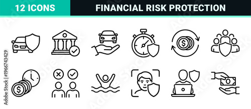Insurance Protection Line Art Collection featuring Geometric Monoline Symbols for Risk Management, Financial Safety, and Policy Coverage UI.