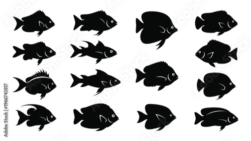 A collection of various black fish shapes are displayed in a minimalist style creating a striking silhouette high quality professional detailed