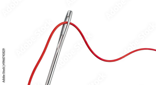 Close-up of a sewing needle with red thread against a white background