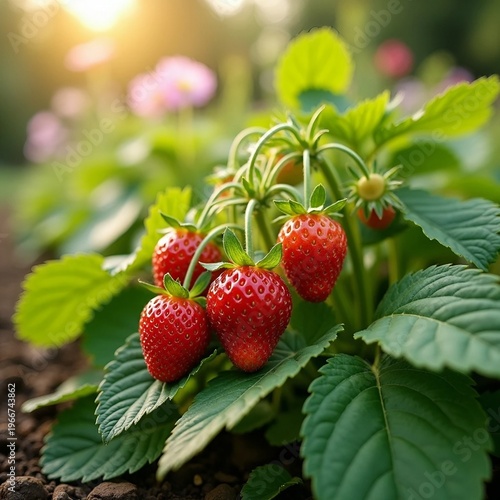 Ripe Organic Strawberries in Golden Hour Sunlight