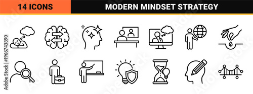Mindset and Creative Intelligence Thin Line Icons Featuring Brainstorming Concepts, Innovation Strategy, and Problem Solving Symbols