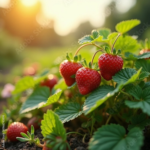 Ripe Organic Strawberries in Golden Hour Sunlight
