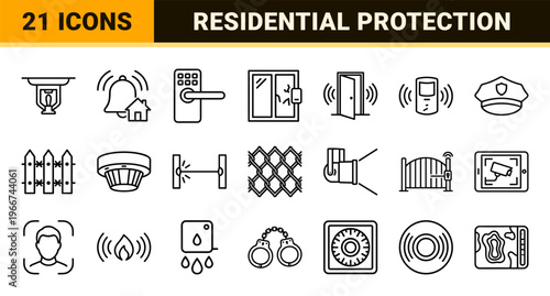 Smart Home Security System Minimalist Thin Line Icons Featuring Surveillance Cameras, Digital Door Locks, and Residential Protection Symbols