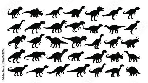 A diverse collection of dinosaur silhouettes in various poses showcasing prehistoric creatures in striking black forms silhouette high quality professional detailed