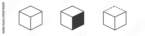 Three isometric cube icons showing different perspectives and shading