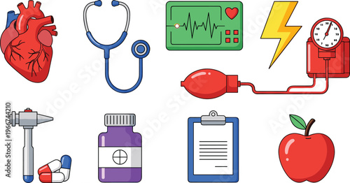 Healthcare and Medical Icons Set Featuring Heart, Stethoscope, Blood Pressure Monitor, Medicine, Prescription, and Medical Tools for Health and Wellness Concepts